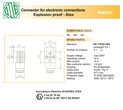 P992221 Connettore per connessioni elettroniche Antideflagrante - Atex per BDV - UDV - GDV